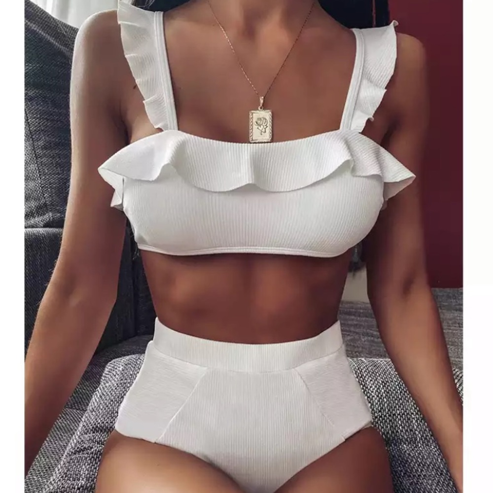 White ribbed ruffle high waisted bikini